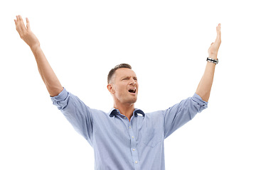 Image showing What the...Disappointed, frustrated and annoyed man throw arms in air feeling angry isolated against a studio white background. Surprise, fan and shock by bad result and screaming his opinion.