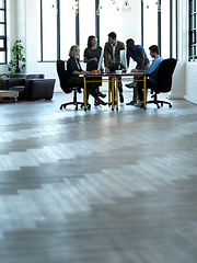 Image showing Business people, meeting and collaboration in corporate office, boardroom or conference table in team strategy. Group of employee workers in planning or teamwork for company goals in workshop