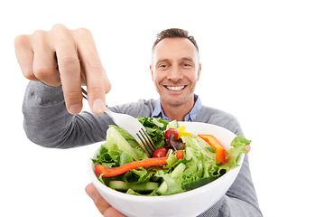 Image showing Healthy salad, food and vegetable with a man in studio for health, wellness and nutrition. Model person with green vegan lunch or brunch bowl in hands isolated on a white background for strong immune