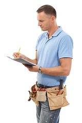 Image showing Carpenter, contractor or man writing isolated on a white background with notebook, invoice and handyman tools. Professional construction worker, model or person notes for career services in a studio