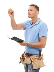 Image showing Inspection, contractor or handyman man isolated on a white background notebook, checklist and tools. Professional construction worker or carpenter person writing notes or services invoice in studio