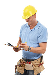 Image showing Clipboard, construction worker and man isolated on a white background inspection, maintenance or industry checklist. Builder, contractor or handyman person with tools and paperwork writing in studio