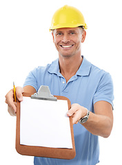 Image showing Construction worker, information and portrait of holding clipboard for details, contract or deal with friendly service. Portrait of handyman, employee or builder with survey isolated in white studio