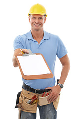 Image showing Construction worker, portrait and handyman holding clipboard for sign up, contract or deal and asking for information. Paper by man, employee or builder with a survey isolated in white studio