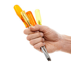 Image showing Screwdriver tools, man hands or studio construction worker, carpenter or contractor with workshop repair equipment. Metal object, maintenance handyman or industry builder isolated on white background