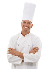 Image showing Chef, portrait and man with confident smile, cafe owner and small business leader in restaurant industry. Isolated on white background, happy executive French cook in uniform, arms crossed in studio.