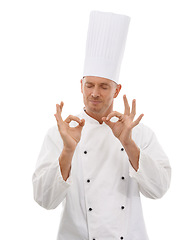 Image showing Man, chef and hands in OK sign for perfection, approval or precision isolated on white studio background. Happy culinary artist eyes closed showing okay hand gesture in perfect, precise or just right