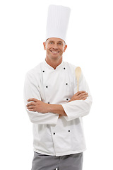 Image showing Portrait of chef, wooden spoon and confident smile, cafe owner isolated on white background. Happy executive cook, uniform, cooking for restaurant discount deal, menu special or promotion in studio.