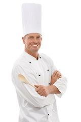 Image showing Portrait of French chef, spoon and smile with confidence, cafe owner isolated on white background. Happy executive cook, cooking for restaurant discount deal and menu special or promotion in studio.