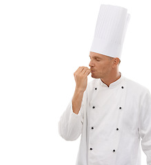 Image showing Man, chef and kissing hands for taste, perfect or just right in celebration for cooking skills isolated on white studio background. Happy proud male culinary artist kiss hand for perfection on mockup