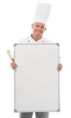 Image showing Chef man, space and board isolated on a white background of empty menu and happy culinary services. Professional, cooking or bakery person with whiteboard mockup for startup ideas in studio portrait