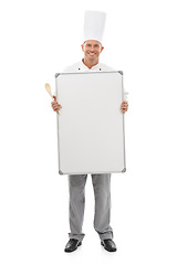 Image showing Chef, man and whiteboard isolated on a white background of empty menu, mockup space and culinary services. Professional cooking or bakery person and board mock up for startup ideas in studio portrait