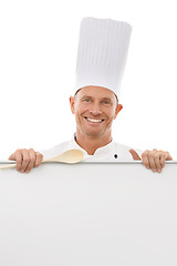 Image showing Menu poster, chef and portrait of a man with mockup space, banner or billboard for advertising food or brand. Happy person with board or sign and spoon advertising restaurant on a white background