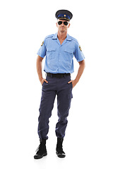 Image showing Security, crime officer and portrait of police on white background for authority, public safety and laws. Justice, law enforcement and isolated full body of policeman, traffic cop and guard in studio