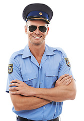 Image showing Proud, police officer man isolated on a white background in sunglasses for career vision, leadership and portrait. Security, law and professional person or attractive model in cool uniform and studio