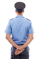 Image showing Law, police and rear view of man in studio for crime, protection and safety against white background. Security, authority and back of male official ready for crime, justice and protection isolated