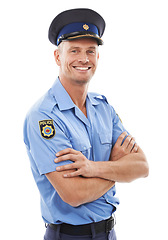 Image showing Police officer, arms crossed and man isolated on a white background for career vision, leadership and studio portrait. Security, law and compliance professional person or happy model in uniform