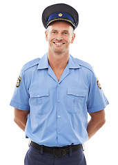 Image showing Happy police officer and man isolated on a white background for career vision, leadership and studio portrait. Security, law and compliance of professional person or attractive model in legal uniform