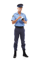 Image showing Ticket, parking fine and police writing on notepad for traffic laws, public service and crime on white background. Justice, law enforcement and isolated policeman, security guard and safety officer