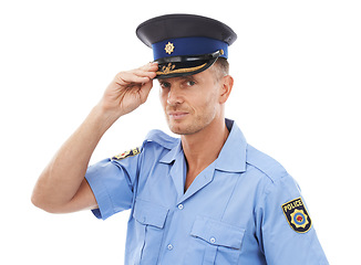 Image showing Security, cop and portrait of police on a white background for authority, leadership and justice. Law enforcement, public safety and isolated face of guard, policeman and officer in legal uniform