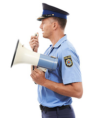 Image showing Law man, megaphone and police officer speech for service announcement, legal justice or studio crime. Criminal safety profile, security communication speaker or hero talk isolated on white background