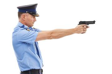 Image showing Man, police officer and pointing gun ready to fire or shoot standing isolated on a white studio background. Male security guard or detective holding firearm to uphold the law, stop crime or violence