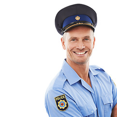 Image showing Police officer, portrait and man isolated on a white background for career or leadership in studio mockup. Security, law and compliance professional person or attractive model face in legal uniform