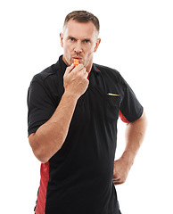 Image showing Portrait, referee and man blowing whistle, stern or gesture in studio warning, sign or penalty on white background. Sports, face and coach with rules, compliance and caution while training isolated