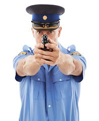 Image showing Police officer portrait, gun and man shooting for criminal law enforcement, public safety or studio security service. Violence protection guard, crime justice or hero aim isolated on white background