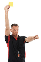 Image showing Sports referee, man and yellow card hand for warning soccer rules, penalty or fail in studio. Angry fitness coach sign for mistake, problem or caution in competition game on isolated white background