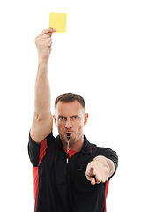 Image showing Referee man portrait, yellow card and hand warning while pointing for soccer rules, penalty or fail. Fitness coach sign for mistake or caution for competition game isolated on a white background