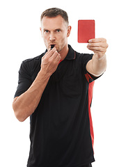 Image showing Red card, whistle and referee portrait with hand warning for soccer rules, penalty or fail in studio. Fitness coach man sign for mistake or caution for competition game isolated on a white background