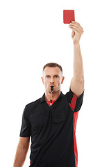 Image showing Sports referee, red card and man blowing whistle with hand warning for soccer rules, penalty or fail. Football coach sign for mistake or caution for competition game isolated on a white background