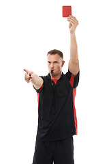 Image showing Sports referee, whistle and red card hand warning while pointing for soccer rules, penalty or fail. Football coach man sign for mistake or caution for competition game isolated on a white background