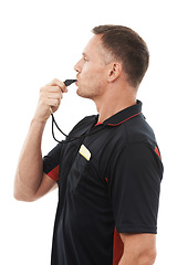 Image showing Referee man, whistle and face profile with soccer foul and warning in match or game isolated on white background. Sports, fitness and compliance, rules and male in studio with football penalty