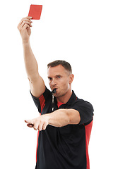 Image showing Sports man, referee and red card with whistle for hand warning for soccer rules, penalty or fail in studio. Football coach sign for mistake or caution for professional game, isolated white background