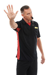 Image showing Stop, hand and portrait of man referee blowing whistle for studio warning, penalty or gesture on white background. Sports, coach and palm sign for wrong, pause or emoji, rules or compliance caution