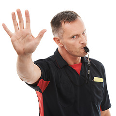 Image showing Hand, stop and portrait of man referee blowing whistle for studio warning, penalty or gesture on white background. Sports, coach and palm sign for wrong, pause or emoji, rules or compliance caution