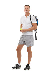 Image showing Tennis portrait, sports and man in studio isolated on a white background for exercise. Training, athlete and mature male with ball and racket ready to start workout for health, fitness and wellness.