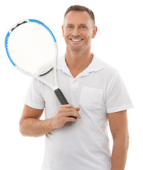 Image showing Tennis sports, portrait and man in studio isolated on a white background for exercise. Training, athlete and happy mature male with racket ready to start workout for health, fitness and wellness.