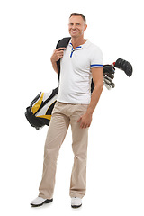 Image showing Portrait, golf sports and man in studio isolated on white background ready to start game. Training, golfer and mature male athlete carrying tour bag with clubs for workout, exercise and fitness match