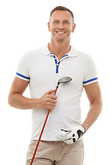 Image showing Golf sports, portrait and man in studio isolated on white background ready to start game. Training, golfer and mature male athlete carrying ball and club driver for workout, exercise or fitness match