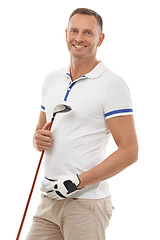 Image showing Sports portrait, golf and man in studio isolated on white background ready to start game. Training, golfer and mature male athlete carrying ball and club driver for workout, exercise or fitness match