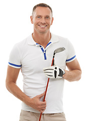 Image showing Man in portrait, smile with golf club and sports, active lifestyle and happiness isolated on white background. Happy, face and sport with golfer, fitness in studio with male athlete and vitality