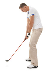 Image showing Sports, golf man and swing of club in studio isolated on a white background ready to start game. Training, golfer and mature male swinging driver for golfing workout, exercise and fitness match.