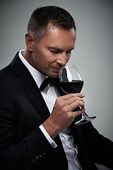 Image showing Tuxedo, wine glass and man with alcohol in a suit feeling classy with a luxury drink. Gray background, isolated and studio with a model, agent or actor with a glass to smell rich wines with mockup