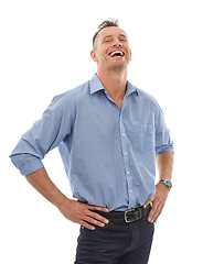 Image showing Laughing, portrait and business man in studio isolated on white background with success mindset. Ceo, boss and confident, proud and happy mature male entrepreneur from Canada, laugh at joke or comedy