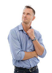 Image showing Thinking, leadership and business man in studio isolated on a white background with success mindset, vision and mission. Ceo, boss or confident mature male from Canada with ideas for goals or targets