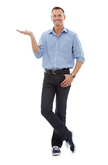 Image showing Portrait, studio and business man with product placement, advertising or mockup isolated on a white background. Mock up, branding and happy male entrepreneur showing space for marketing promotion.