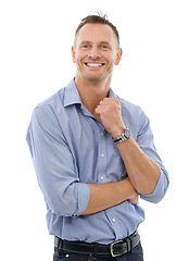 Image showing Portrait, ceo and business man in studio isolated on a white background with success mindset, vision and mission. Entrepreneur goals, boss and smile of confident, mature and happy male from Canada.